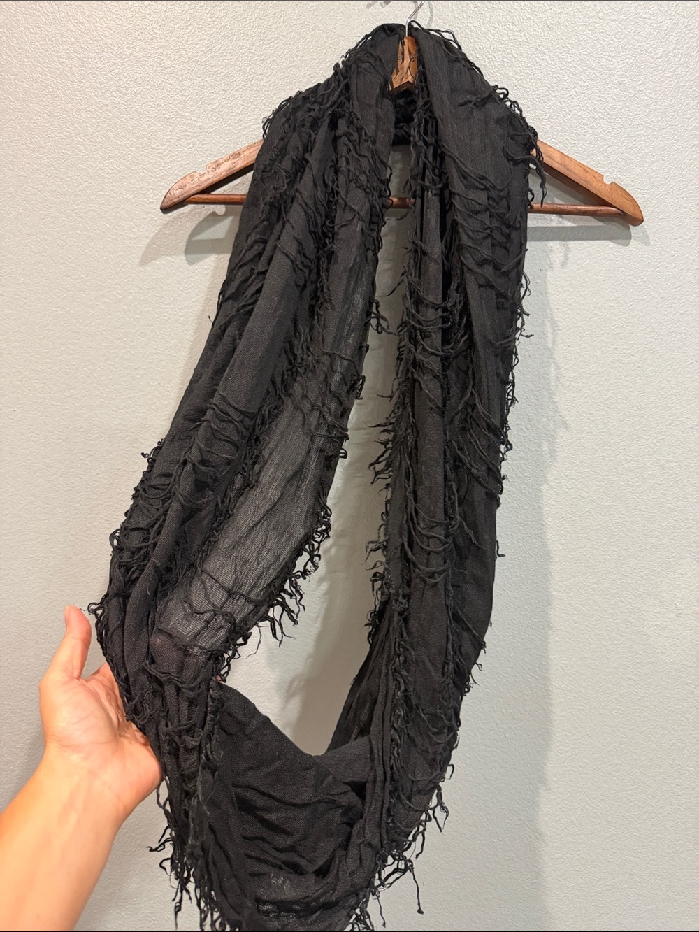 Black Sheer Frayed Infinity Scarf Fringe Punk Fall Accessories Layering Viscose